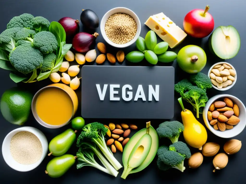 Vibrante selección vegana: alimentos nutritivos en mostrador elegante Una variedad vibrante de alimentos veganos nutritivos en un elegante mostrador negro mate