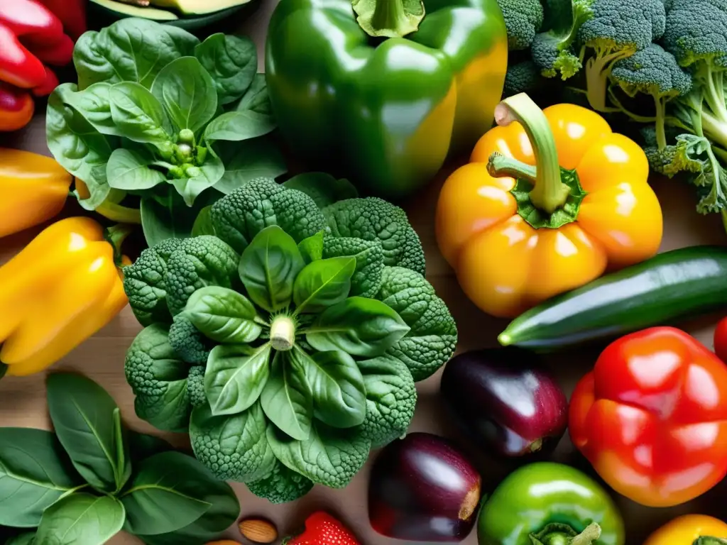 Exuberante variedad de frutas y verduras: frescura y vitalidad Una variedad vibrante de frutas y verduras frescas, evocando vitalidad y abundancia para una dieta vegana para ganar masa muscular