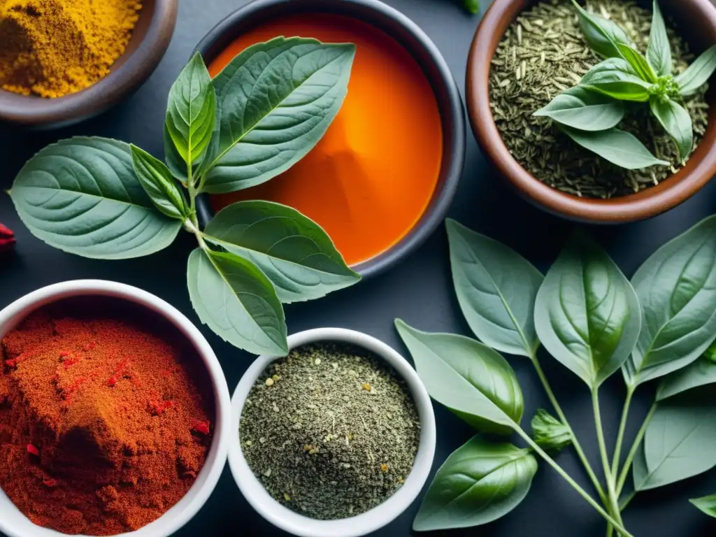 Exuberante variedad de hierbas y especias para nutrición deportiva Una variedad vibrante de hierbas y especias recién cosechadas, mostrando su frescura y vitalidad