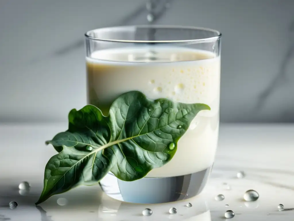 Vaso de leche y espinacas: frescura y vitalidad Un vaso de leche fresca rodeado de hojas de espinaca, creando una composición vibrante y saludable