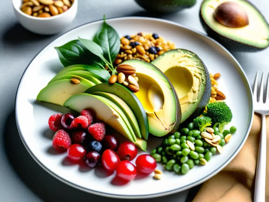 Plato vegano con alimentos para atletas Nutrición vegana para atletas deportivos: variedad colorida de alimentos frescos y saludables en un elegante plato blanco