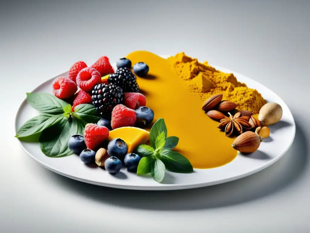 Vibrante composición antiinflamatoria: 8k de nutrición saludable Vibrante presentación de alimentos antiinflamatorios para recuperación post-entrenamiento en plato blanco, 8k