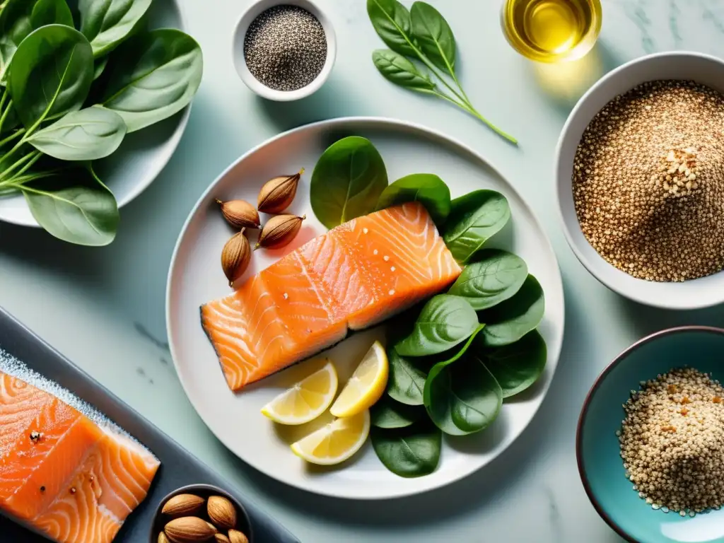 Vibrante cocina moderna con alimentos ricos en Omega 3 para recuperación muscular