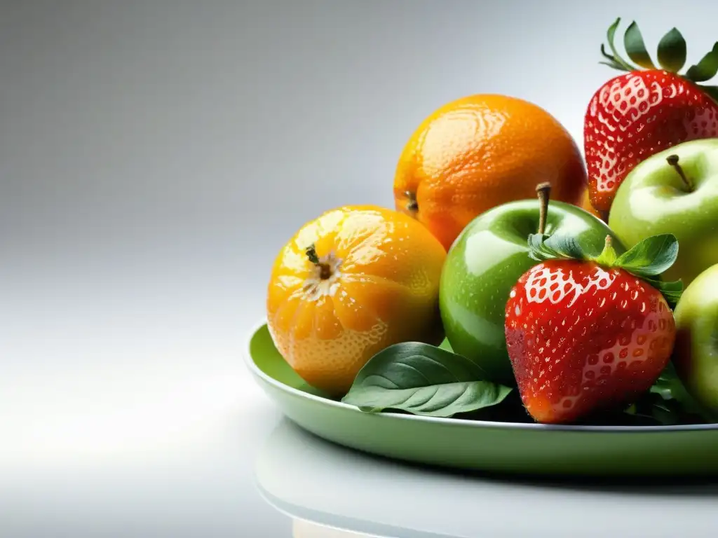 Frescura vibrante: frutas y verduras en plato moderno Una vibrante y colorida selección de frutas y verduras frescas, esenciales para competición deportiva, exhibiendo vitalidad y energía