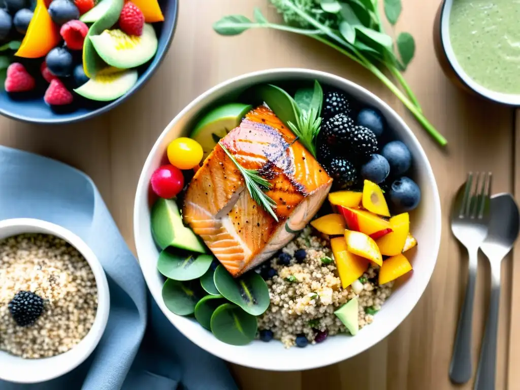 Deliciosa comida post-entrenamiento: salmón, quinoa y smoothie bowl Vibrante nutrición deportiva para recuperación muscular con salmon, quinua, smoothie y ensalada de frutas en bowl de coco