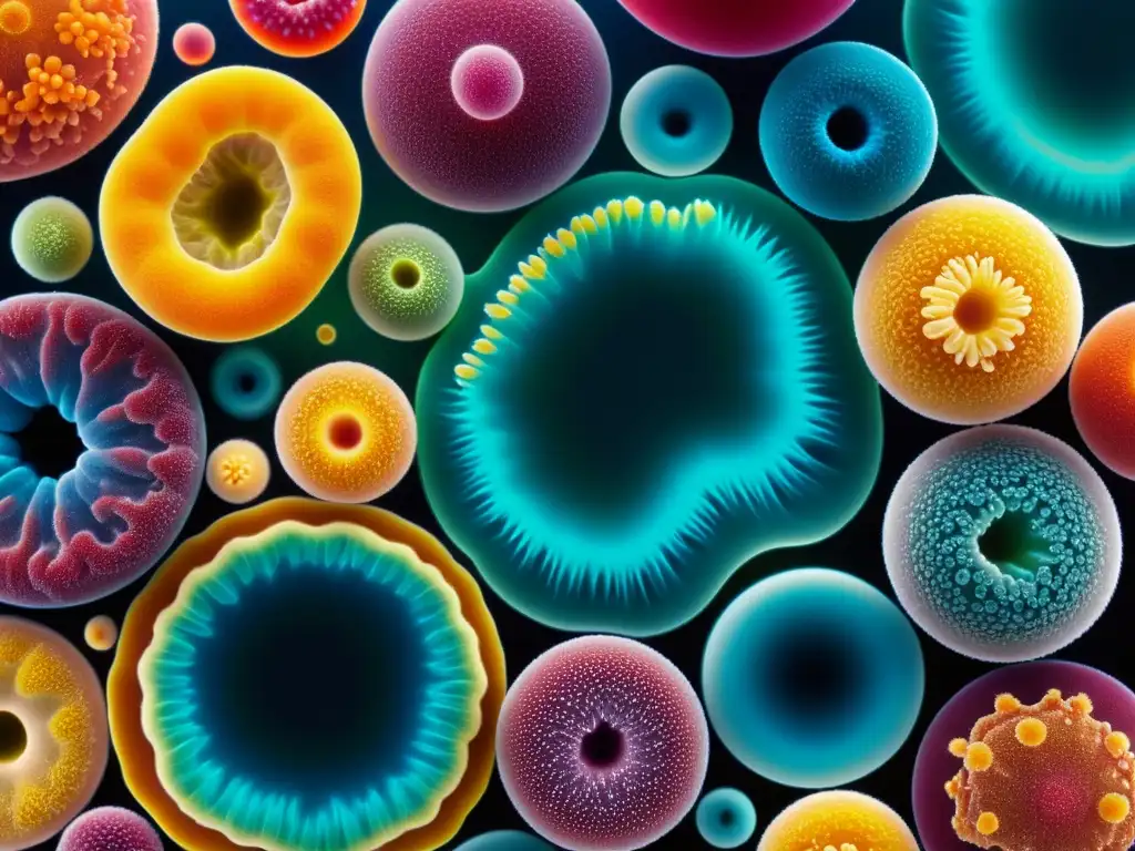 Microbiota Probiótica: Ciudad de Colores Vibrantes Una vibrante y detallada imagen de diversas cepas de bacterias probióticas, evocando la diversidad y la ciencia moderna