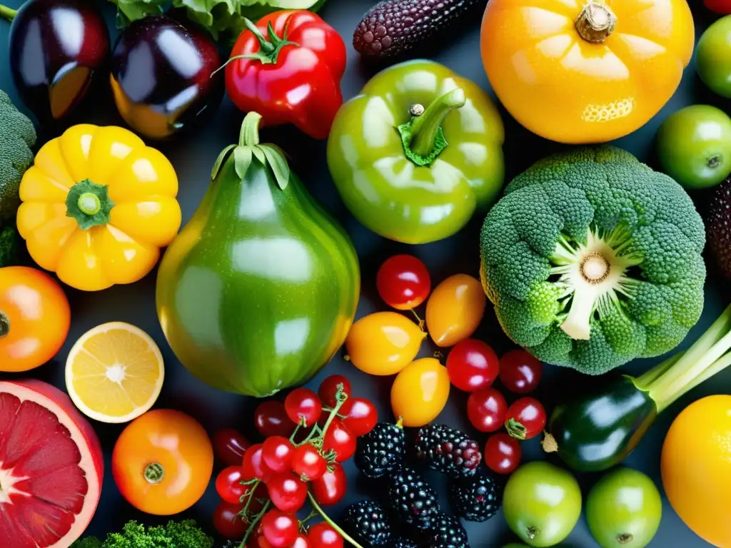 Exuberante exhibición de frutas y verduras frescas Vibrante exhibición de frutas y vegetales frescos, resaltando la importancia de vitaminas, minerales y rendimiento deportivo