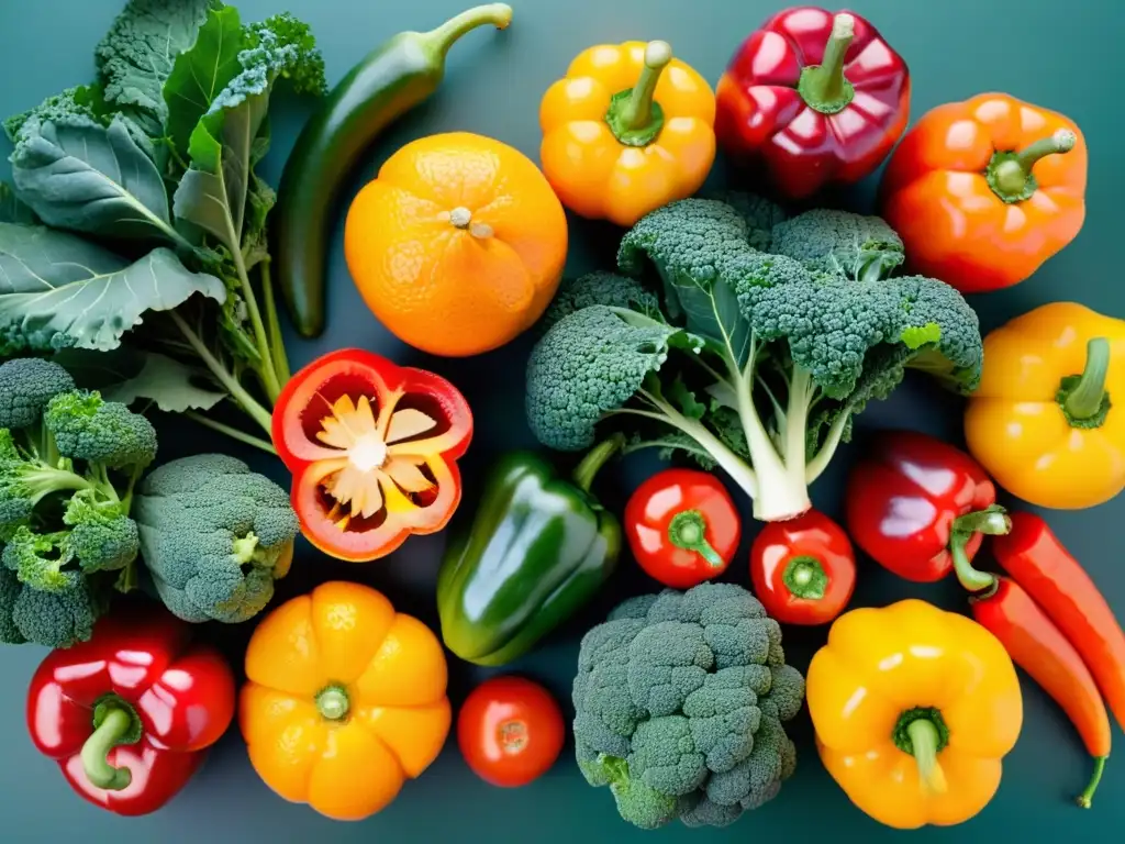 Exuberante exhibición de frutas y verduras frescas Selección vibrante de frutas y verduras frescas que destacan la importancia de vitaminas, minerales y rendimiento deportivo