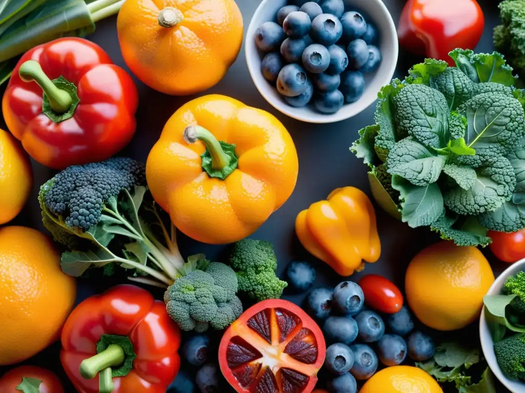 Vibrante exhibición de frutas y verduras frescas Vibrante exhibición de frutas y verduras frescas resalta la importancia de vitaminas, minerales y deporte para el rendimiento atlético