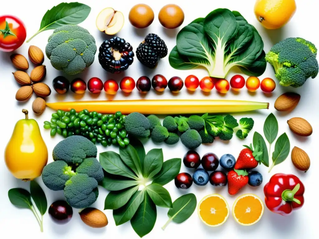 Patrón vibrante de frutas, verduras, nueces y semillas Vibrante exhibición de frutas, verduras, frutos secos y semillas en patrón simétrico