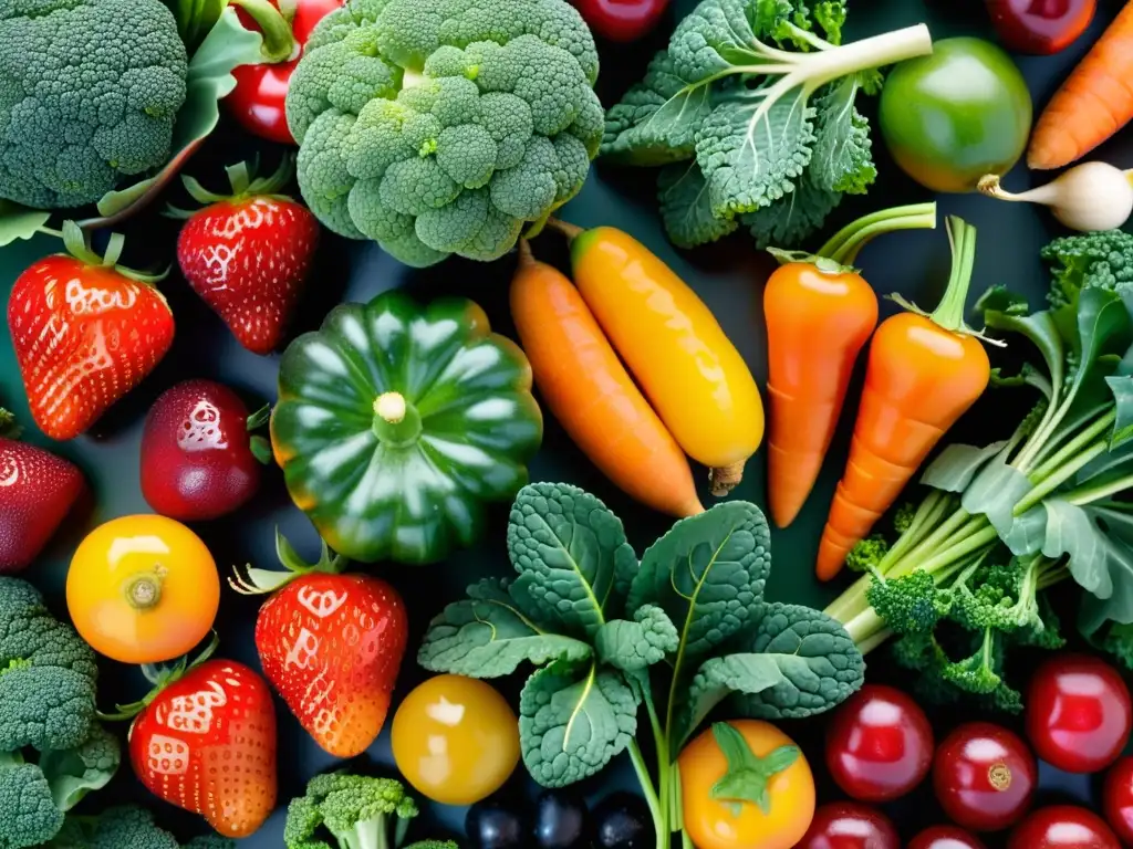 Exuberante exhibición de frutas y verduras frescas Vibrante exhibición de frutas y verduras, ricas en vitaminas y minerales, evocando frescura y salud para el rendimiento deportivo