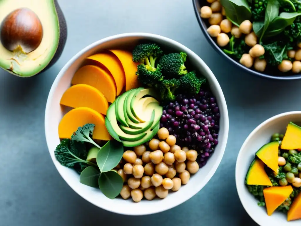 Bowl Buddha vegano lleno de color y nutrientes Una vibrante imagen de un bol de Buda con alimentos vegetales, iluminados naturalmente