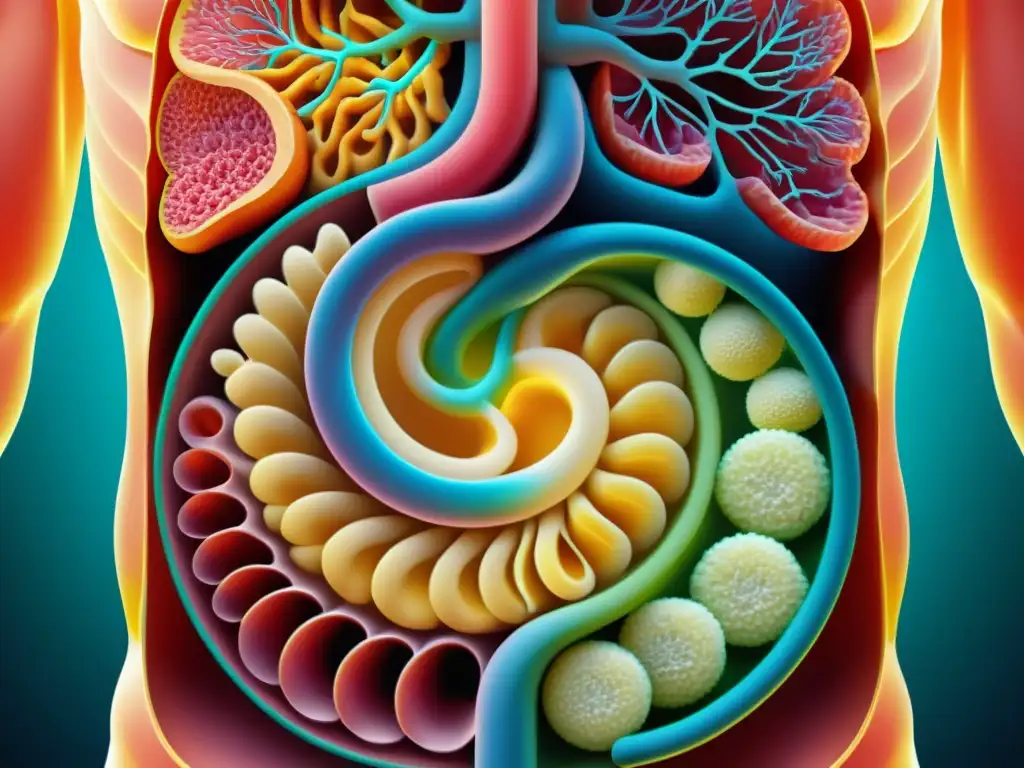 Ilustración dinámica del sistema digestivo humano y probióticos Vibrante ilustración de microorganismos intestinales destacando el impacto de los probióticos para mejorar rendimiento deportivo