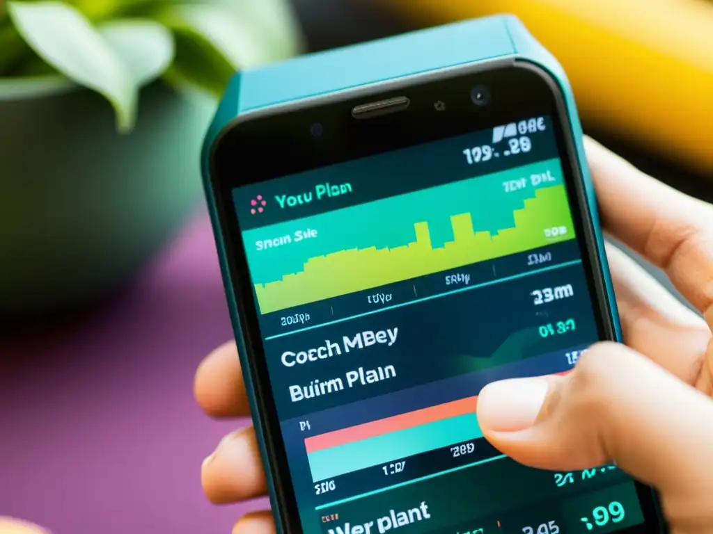 Plan de Entrenamiento Personalizado Fitbit Coach Vibrante pantalla de la app Fitbit Coach en un smartphone, mostrando un plan de entrenamiento personalizado y opciones avanzadas
