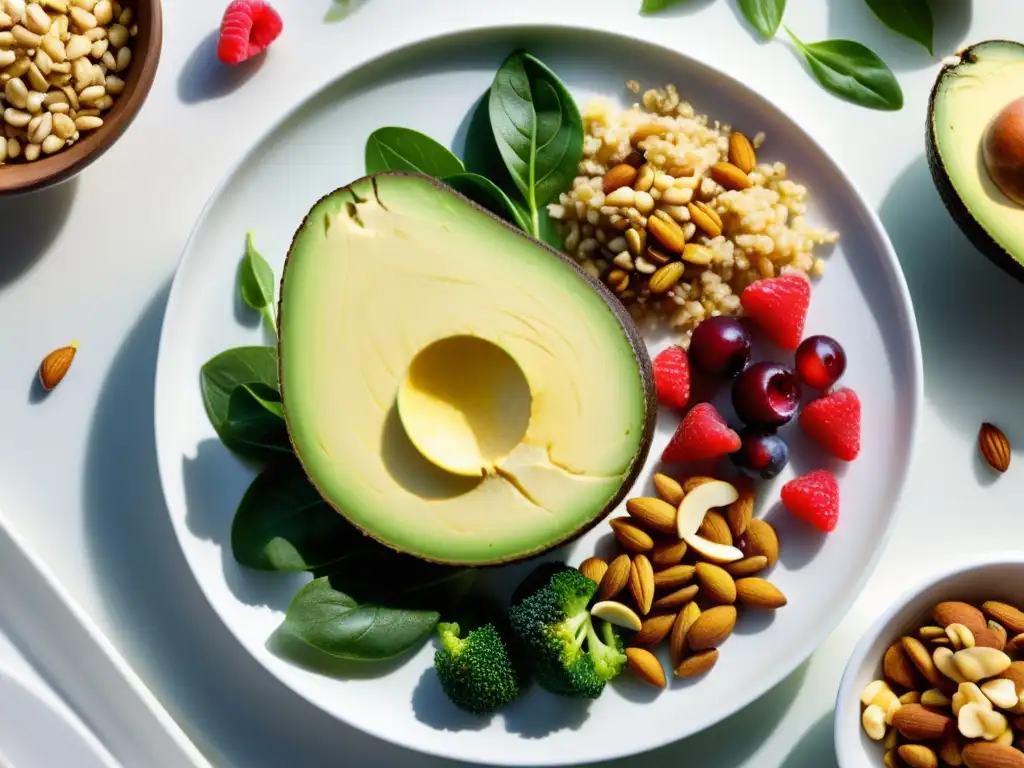 Deliciosos alimentos ricos en fibra: un festín para la vista Una vibrante selección de alimentos ricos en fibra en una elegante presentación en plato blanco