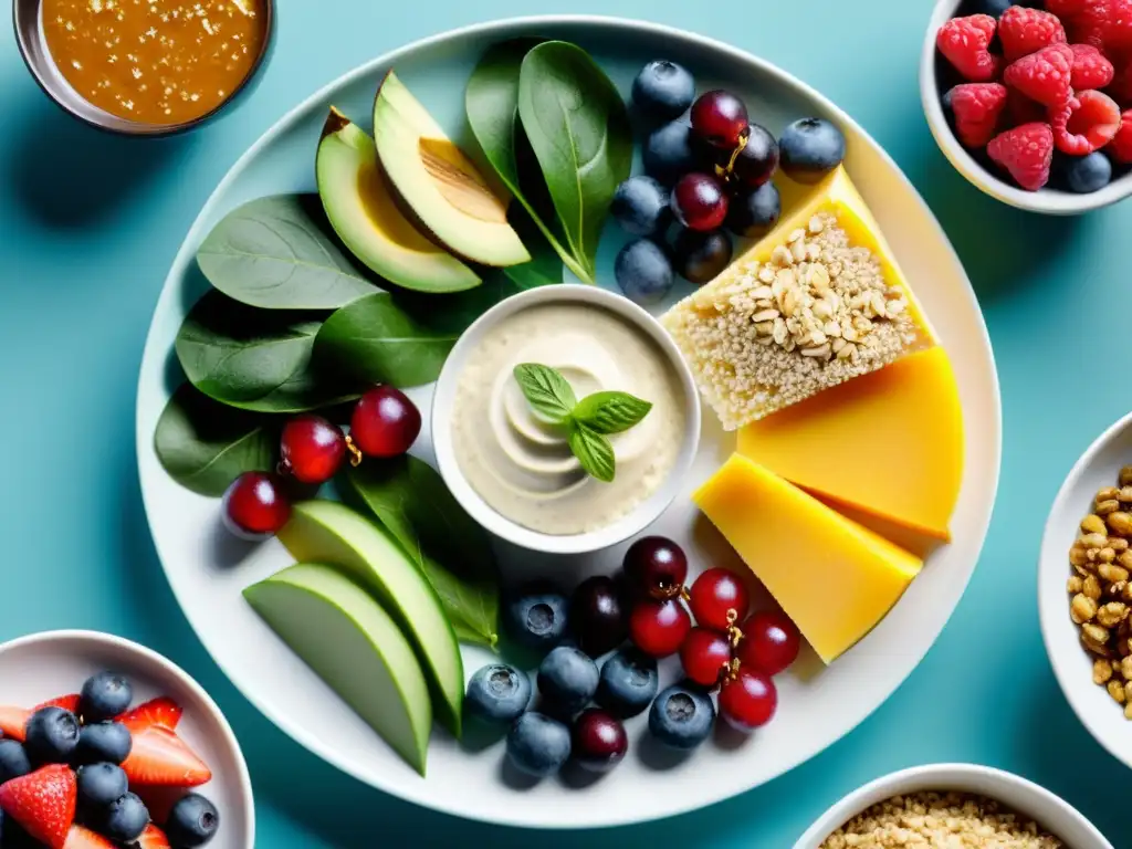 Plato energizante: alimentos vibrantes para vitalidad Una vibrante selección de comidas esenciales para competición deportiva, presentadas de forma artística en un plato moderno y elegante