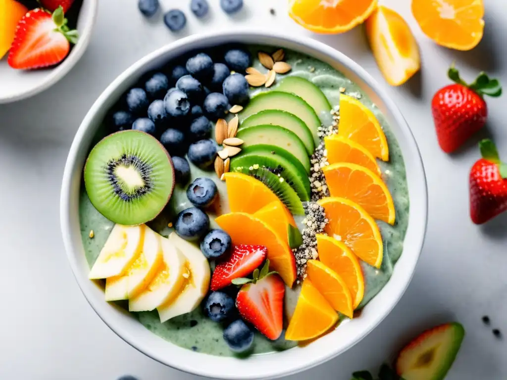Deliciosa ensalada de frutas y vitaminas Vibrante smoothie bowl con frutas frescas y suplementos de vitamina E en encimera de mármol blanco