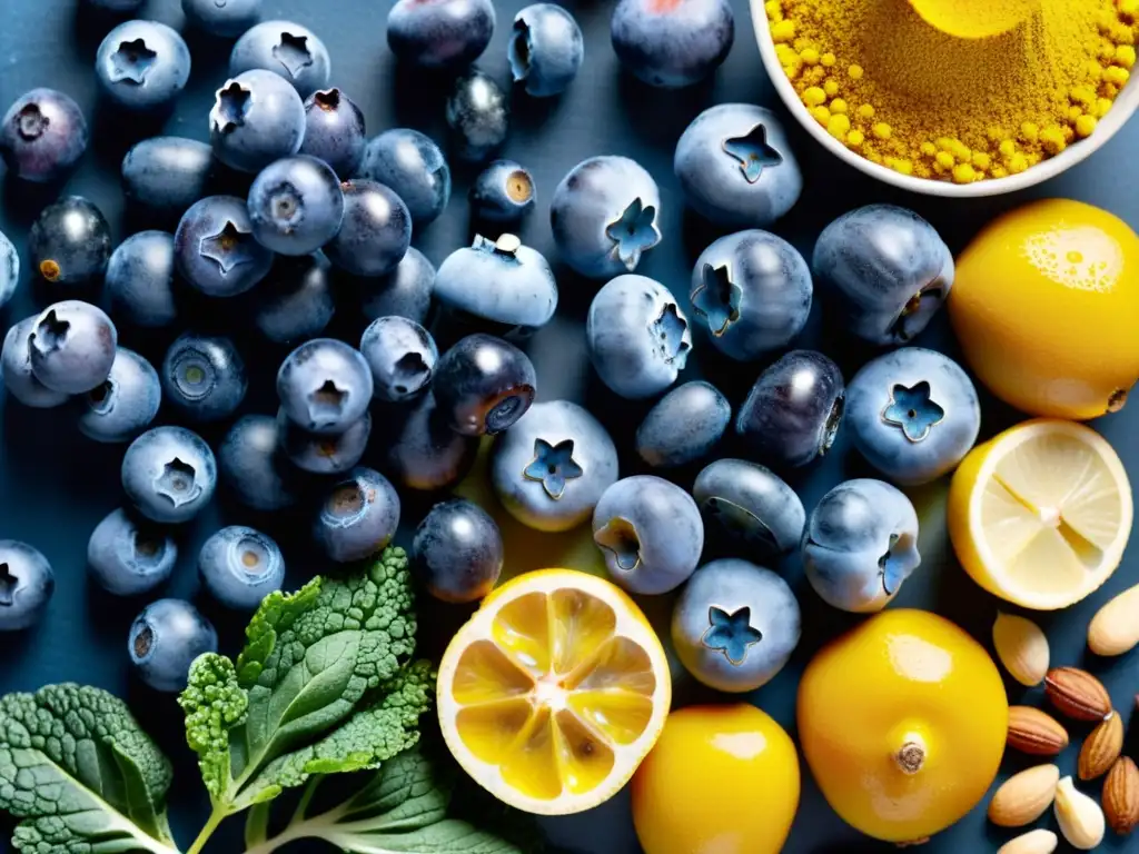 Vibrante variedad de alimentos antiinflamatorios para recuperación muscular, con colores y texturas frescos y vitales