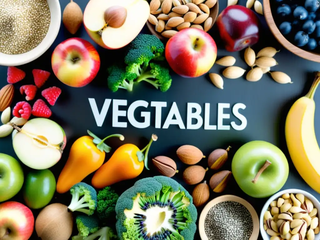 Alimentos ricos en fibra: explosión de color y textura Una vibrante variedad de frutas, verduras, frutos secos y semillas, ricos en fibra dietética para microbiota deportiva
