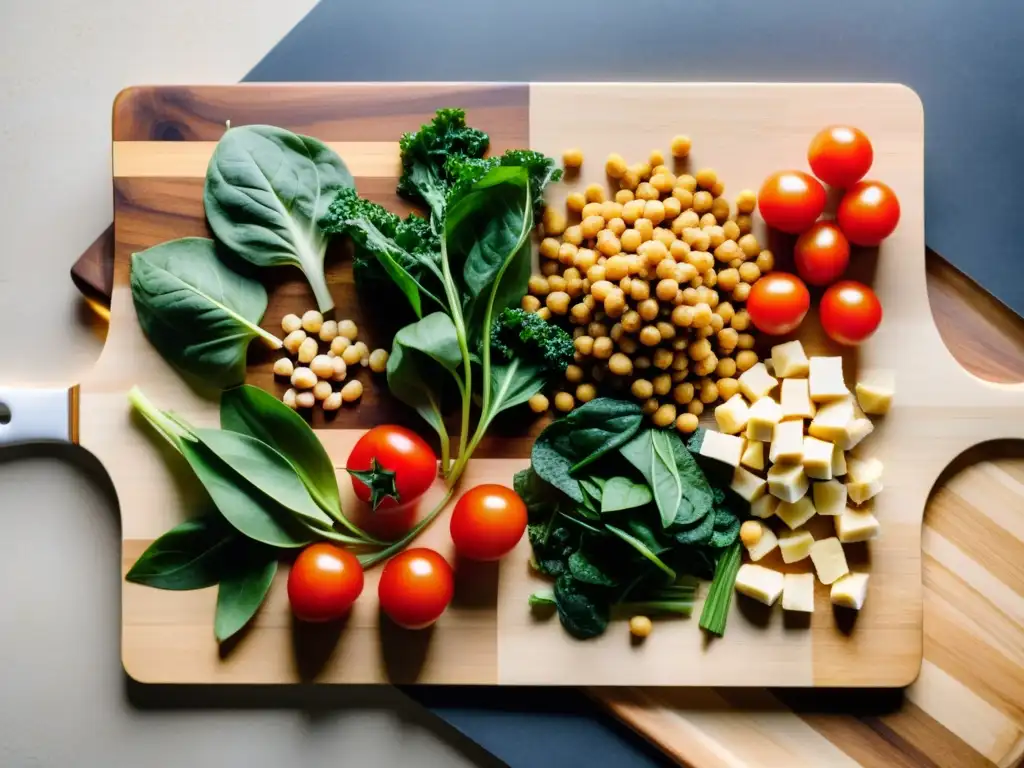 Variedad de Proteínas Vegetales en Tabla de Cortar Una vibrante variedad de fuentes de proteína vegetal en una presentación apetitosa