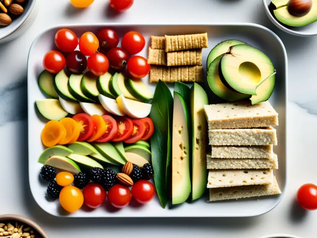 Deliciosos Aperitivos Saludables en Plataforma Minimalista Vibrantes snacks estratégicos para nutrición deportiva, artísticamente dispuestos en un plato minimalista