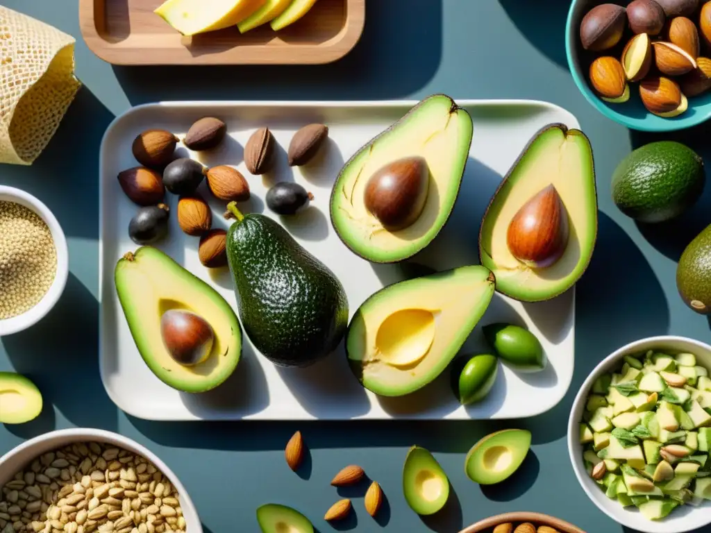 Mercado agrícola vibrante: una invitación a la salud Vista aérea de un mercado agrícola vibrante con aguacates, nueces, semillas y aceite de oliva, ricos en grasas saludables recuperación muscular