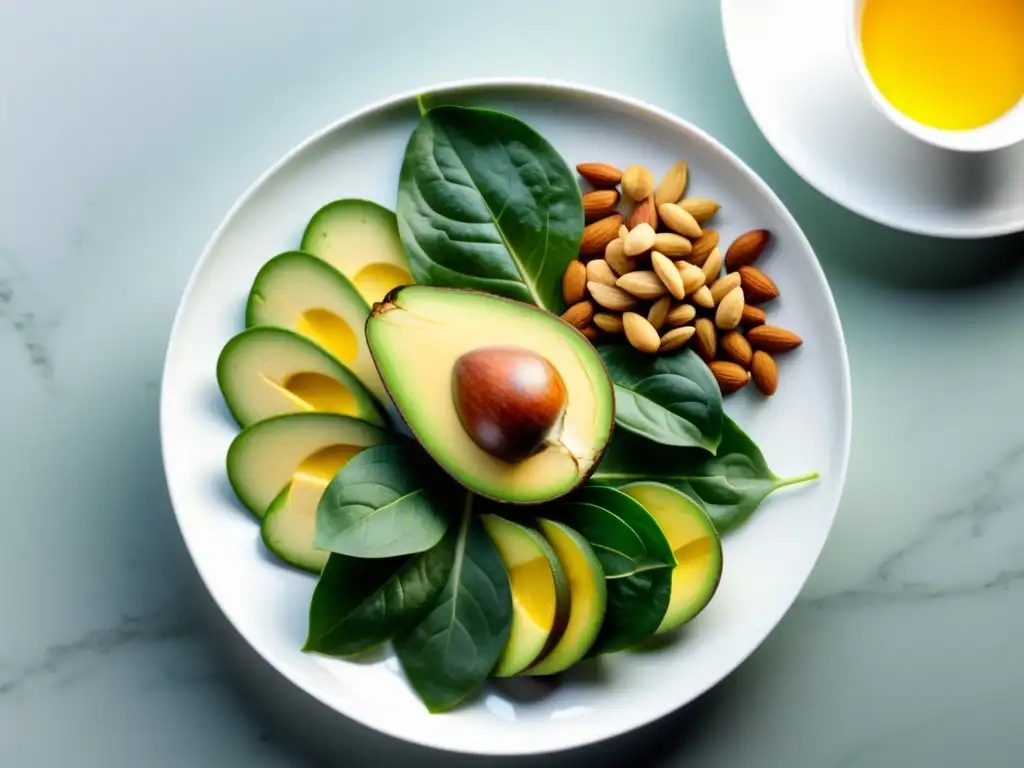 Deliciosos alimentos ricos en vitamina E en un plato blanco Vista detallada de alimentos ricos en vitamina E en un elegante plato blanco rodeado de ingredientes frescos