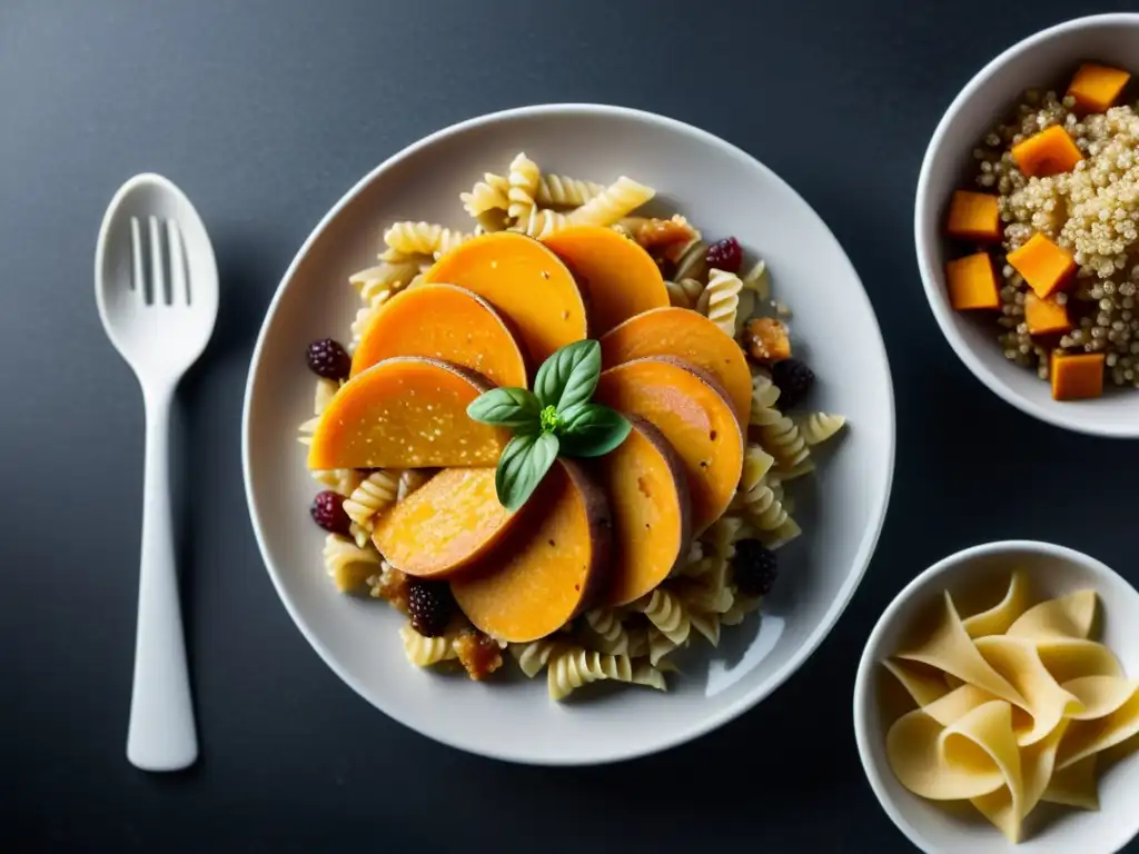 Deliciosos carbohidratos para rendimiento atlético Vista detallada de carbohidratos como quinoa, batatas y pasta integral en un elegante plato blanco
