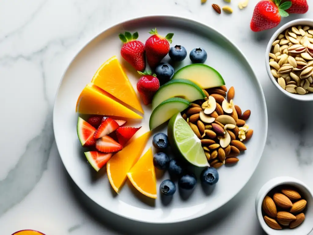 Selección vibrante de snacks preentrenamiento para energía y salud Vista detallada de snacks inteligentes para nutrición deportiva en plato blanco sobre encimera de mármol, con frutas, frutos secos, yogurt y chocolate
