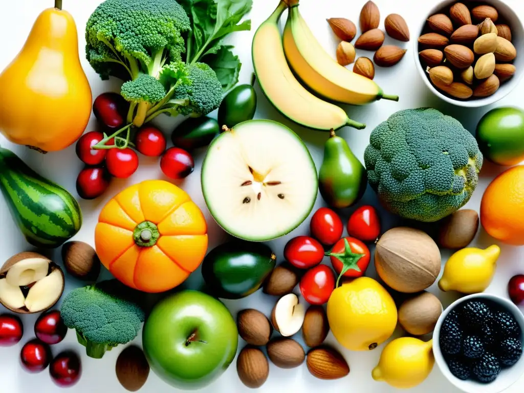 Nutrición Deportiva: Elegancia Vibrante Vista detallada de una variedad colorida de frutas, verduras y nueces frescas sobre una superficie blanca moderna