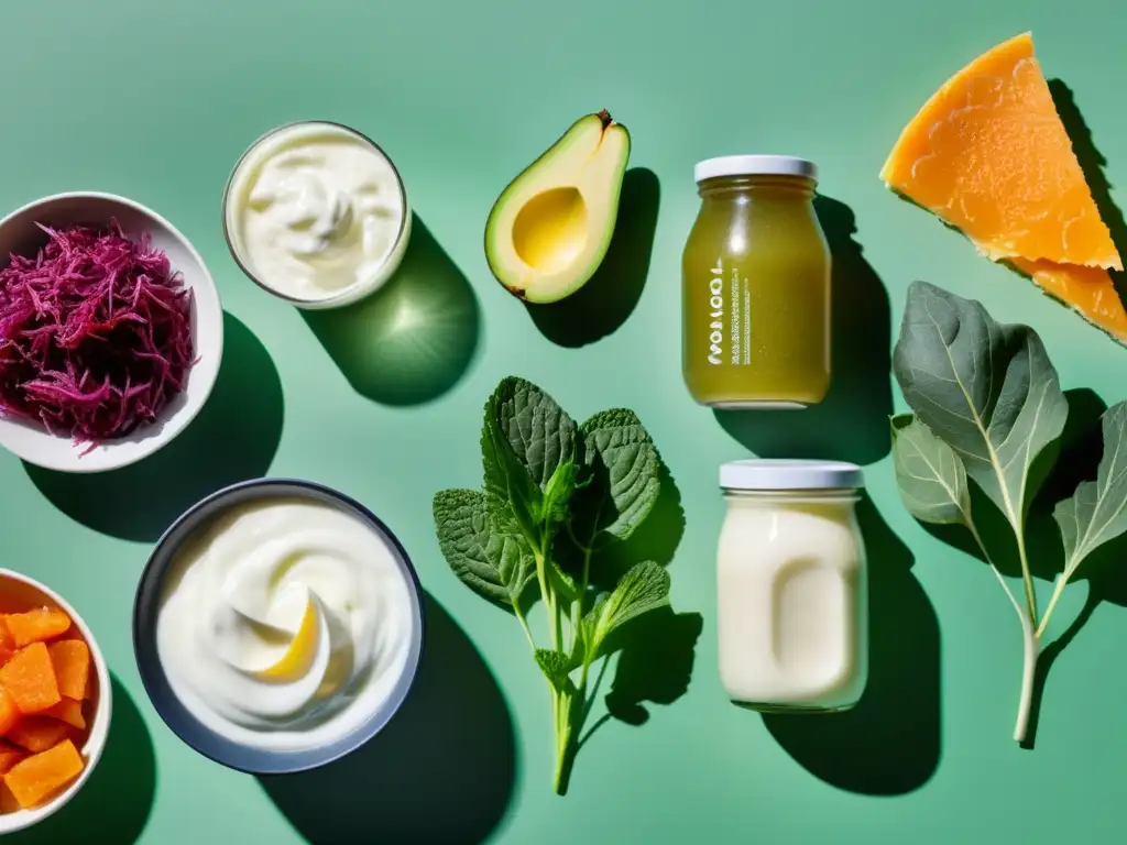 Delicias Probióticas: un Festín para la Vista Vista detallada de una variedad vibrante de alimentos probióticos como yogurt, kefir, kombucha, sauerkraut y kimchi, en un elegante y moderno montaje