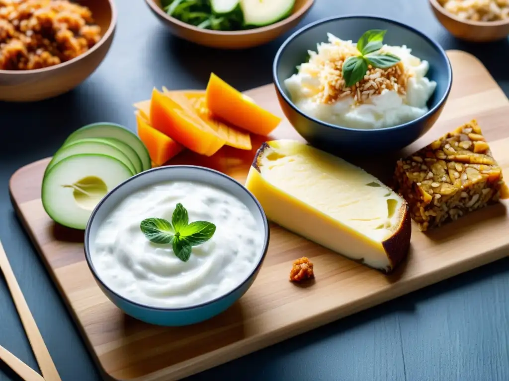 Alimentos probióticos: una explosión de color y sabor Una vista detallada y vibrante de alimentos ricos en probióticos, resaltando sus beneficios para deportistas
