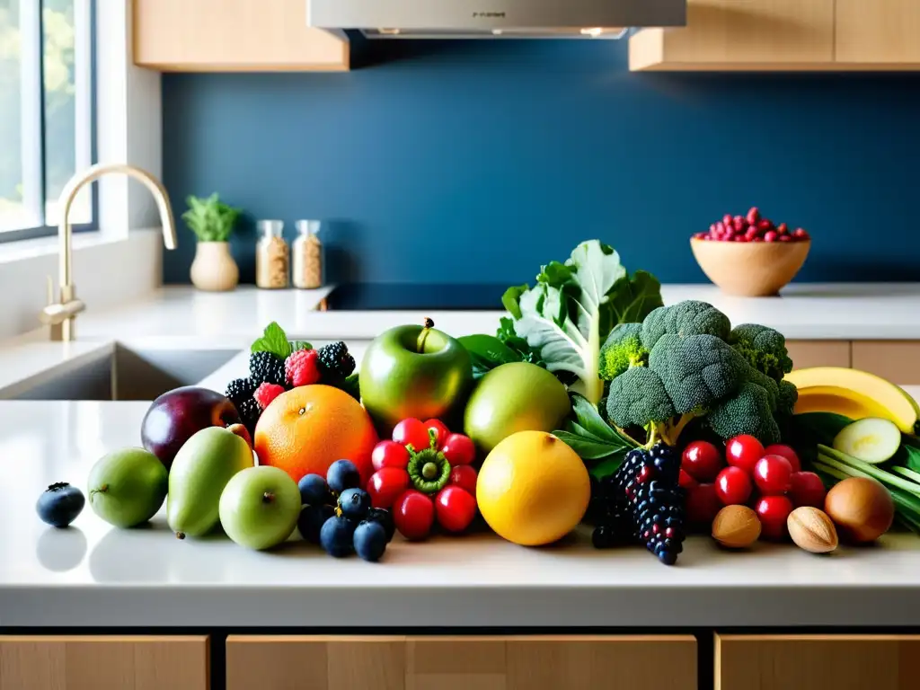Vibrante selección de alimentos frescos para recuperación muscular Vista elevada de alimentos frescos y coloridos para recuperación muscular en deportes de resistencia, iluminados por luz natural en una cocina moderna