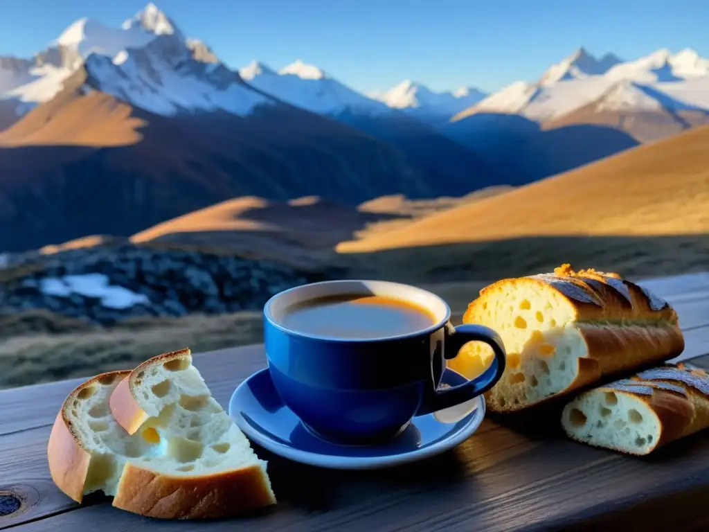 Pico nevado al amanecer: Desayuno frente a la montaña Vista de montaña nevada al amanecer con desayunos energéticos montañismo invierno