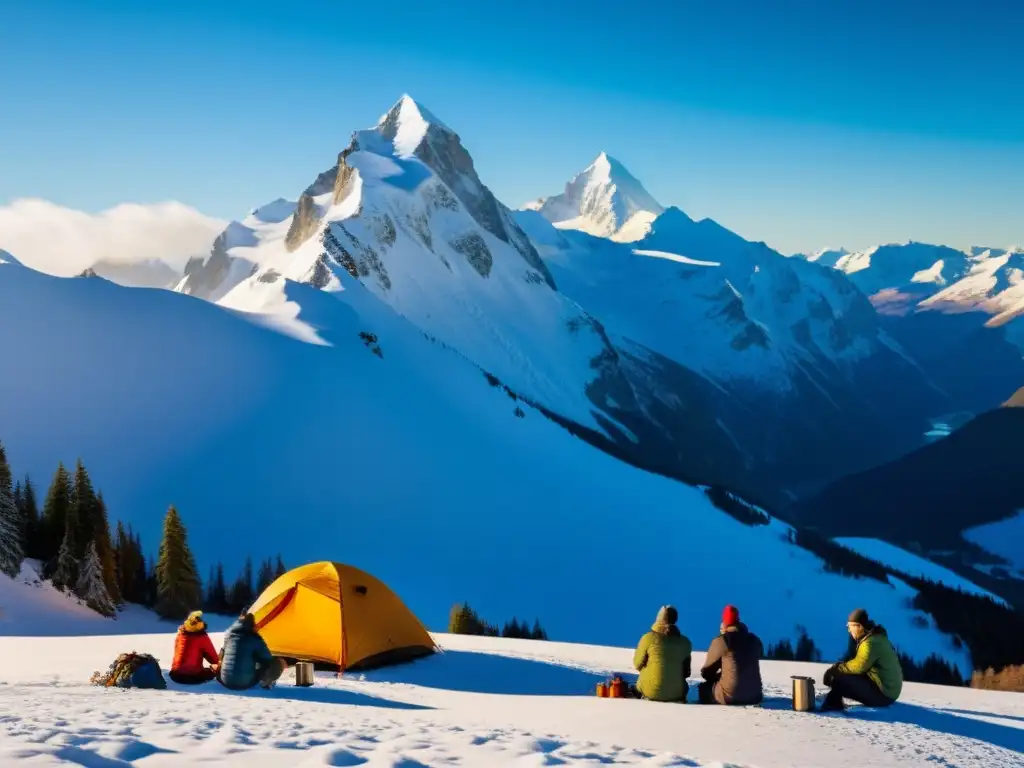 Amanecer en la montaña: desayuno energizante para montañeros Vista panorámica de montaña nevada con montañistas preparando desayunos energéticos, reflejando la aventura del montañismo en invierno
