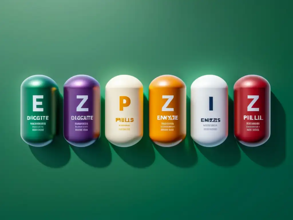 Enzimas digestivas: suplementación moderna Un vistazo detallado a enzimas digestivas y nutrición deportiva en forma de píldoras, organizadas en un ambiente moderno y elegante